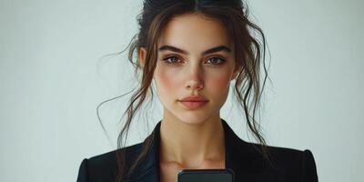 Portrait of a young woman holding a smartphone with natural makeup and elegant hairstyle in a minimalist setting photo
