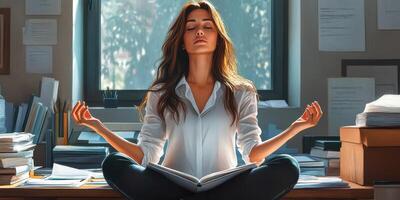 Young woman practicing mindfulness and meditation in a cluttered workspace during daylight hours photo