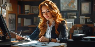 Professional woman working diligently at a desk in a modern office setting during the day photo