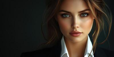 Young woman with striking features and elegant attire poses for a portrait in a moody setting photo