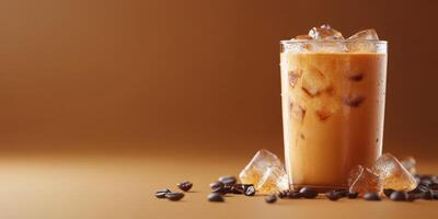 Cold coffee beverage served with ice and coffee beans on a warm background photo