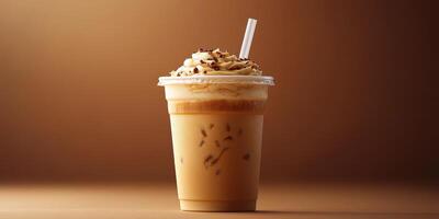 Refreshing iced coffee topped with whipped cream and chocolate shavings on a warm afternoon photo