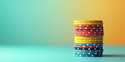 Colorful poker chips stacked on a teal and yellow background in a playful arrangement photo