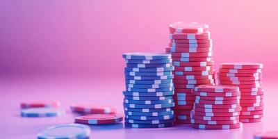 Colorful casino chips stacked on a gaming table during a lively casino night in Las Vegas photo