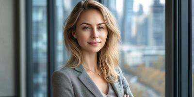 Professional woman stands confidently by large windows overlooking a city skyline during daylight hours photo