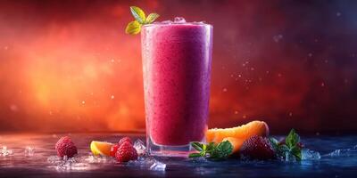 Fresh fruit smoothie with vibrant colors and garnishes in an inviting setting photo