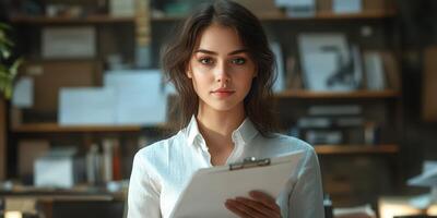 Young woman studying documents in a modern workspace filled with stationery and organized materials photo