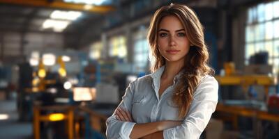Confident woman in a factory setting showcasing professionalism and determination in her workspace photo