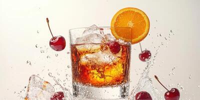 Refreshing cocktail garnished with orange and cherry splashes in a glass on a light background photo