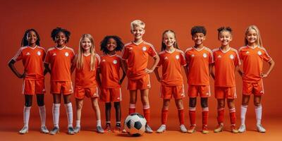 Youth soccer team wearing orange jerseys poses confidently on a vibrant background with a soccer ball in front photo