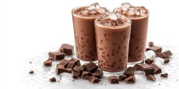Refreshing chocolate drinks served with ice and surrounded by chocolate pieces for a delightful treat on a sunny day photo