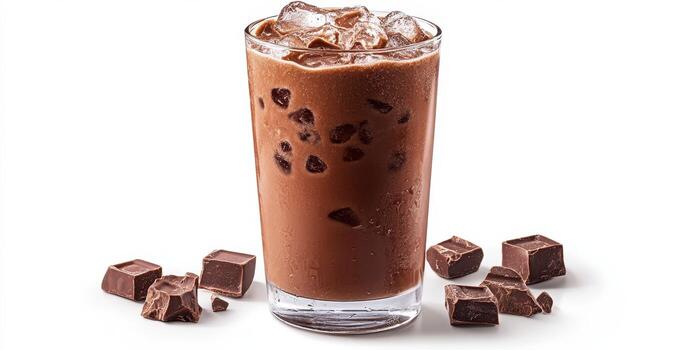 Iced chocolate drink served in a tall glass with ice and chocolate crumbs on a white background photo