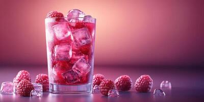 Refreshing raspberry drink with ice cubes served in a tall glass on a colorful background photo