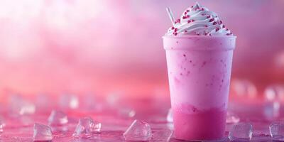 Bright pink milkshake topped with whipped cream and sprinkles resting on a table with ice cubes during sunset photo