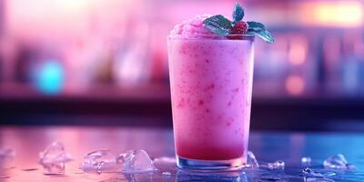 Colorful frozen drink served in a glass with mint and raspberry garnish at a lively bar photo