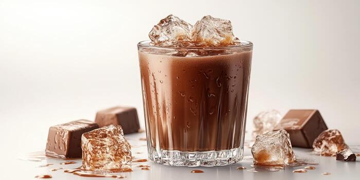 Refreshing chocolate drink with ice cubes and chocolate pieces on a light background photo