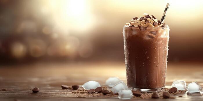 Rich chocolate beverage served in a chilled glass with ice and topped with whipped cream photo