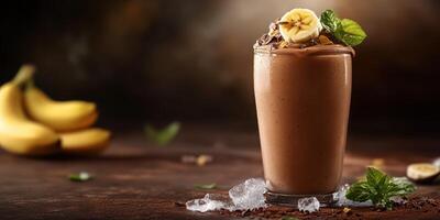 Smooth and creamy chocolate banana shake served in a glass with fresh mint leaves on a rustic wooden table photo