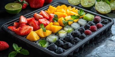 Colorful fruit platter with strawberries, mango, and blueberries displayed on a black tray photo