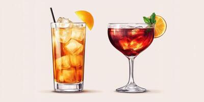 Refreshing iced tea and a fruity cocktail served on a light background for a summer gathering photo