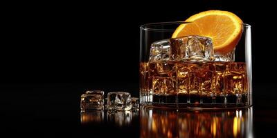 Delicious whiskey on the rocks with citrus garnish in a sleek glass photo
