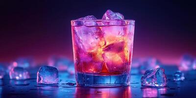 Colorful cocktail garnished with ice cubes sits on a reflective surface under vibrant lighting photo