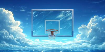 Creative basketball hoop floating in a vibrant sky surrounded by fluffy clouds during a bright sunny day photo