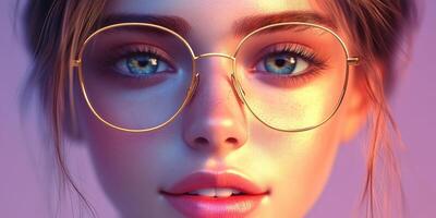 Portrait of young woman with glasses posing against a colorful background during sunset in an artistic setting photo