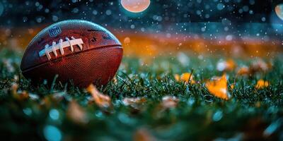 Football resting on wet grass during a rainy evening, with blurred lights in the background creating a moody atmosphere photo