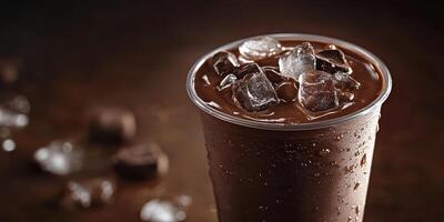 Rich chocolate drink served with ice in a clear cup on a dark rustic table photo