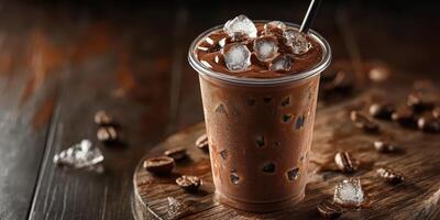 Delicious iced coffee drink with chocolate, ice cubes, and coffee beans on wooden table photo
