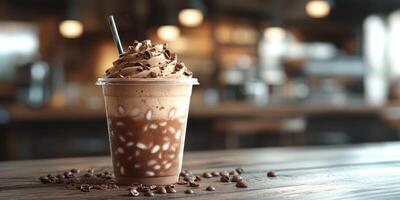 Delicious frozen coffee drink served in a transparent cup on a wooden table in a modern cafe setting during afternoon hours photo