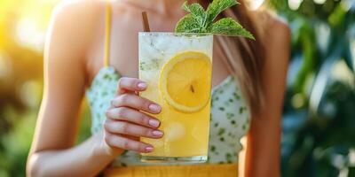 Refreshing summer drink with lemon and mint served by a woman in a sunny garden setting during late afternoon photo