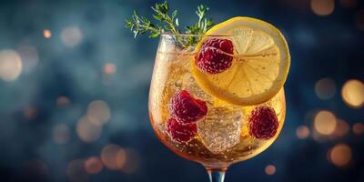 Refreshing summer cocktail with raspberries and lemon garnished with thyme against a soft bokeh background photo