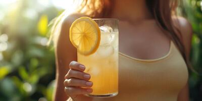 Beautiful woman enjoying a refreshing drink with lemon garnish in a sunny garden setting during late afternoon photo