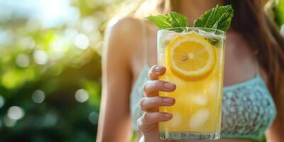 Refreshing lemonade served in a tall glass on a sunny day in a vibrant garden photo
