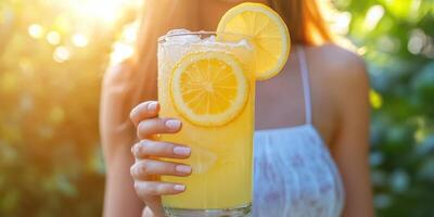 Refreshing lemon drink enjoyed outdoors during a sunny afternoon in a vibrant garden setting photo