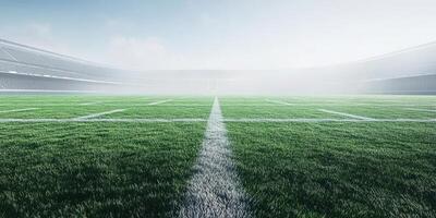 Empty stadium field ready for a football match with fresh grass under a cloudy sky photo