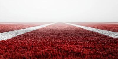 Red turf field stretching into the distance with white lines under soft morning light photo