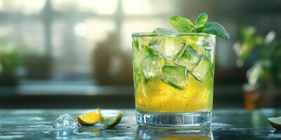 Refreshing mojito cocktail with mint and lime on a sunny bar countertop near a window photo
