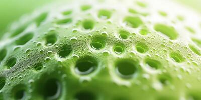 Close-up of textured green surface with water droplets creating a natural pattern in soft lighting photo