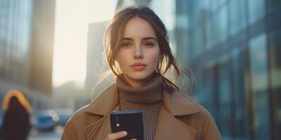 Young woman using smartphone in urban setting during sunset with soft sunlight illuminating her face photo