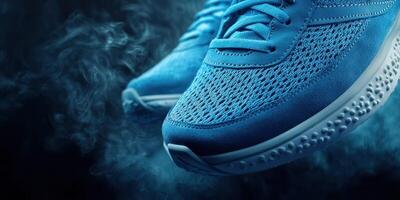 Blue running shoes in a dynamic pose surrounded by mist in a dark setting photo