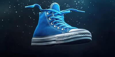 Bright blue high-top sneaker floating against a dark background with sparkles creating a magical atmosphere photo