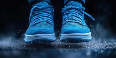 Bright blue sneakers in motion create a dynamic splash on a wet surface during an evening run photo