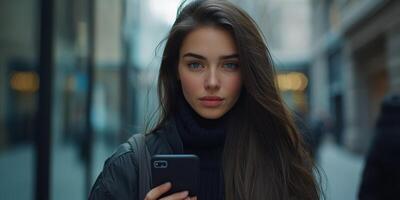Young woman with long hair using smartphone in a city street during a cool afternoon photo