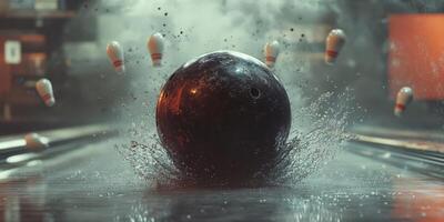 Striking moment of a bowling ball hitting pins in a vibrant bowling alley at night photo