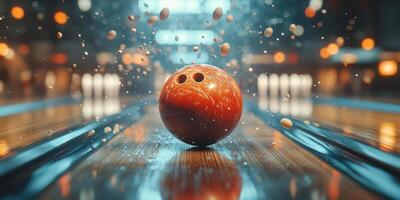 Bowling ball rolling down lane creating pins explosion at bowling alley during evening hours photo