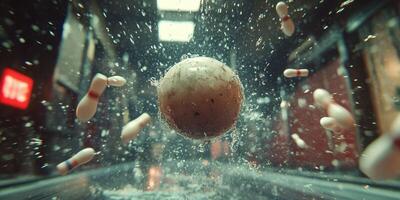 Bowling ball splashes into water surrounded by pins in an alley setting photo