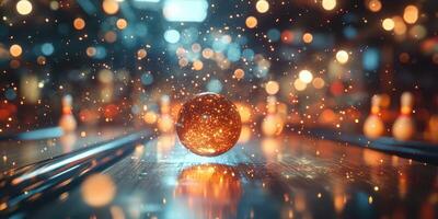 Glowing orb surrounded by shimmering particles at a bowling alley during an evening gathering photo